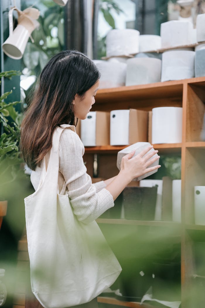 services-01 A woman with long hair selects ceramic pots inside a greenery-filled store, embracing tranquility.